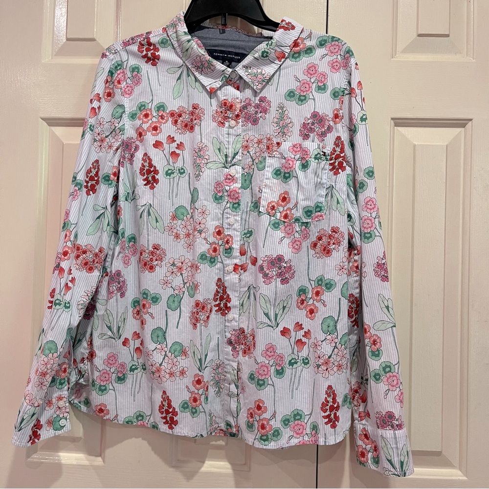Tommy Hilfiger Floral Stripe Button Up Long Sleeve Top Size XL Roll Sleeve